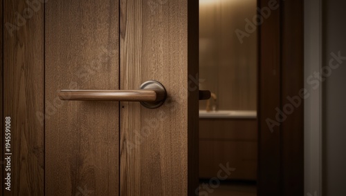 Contemporary wooden apartment door ajar