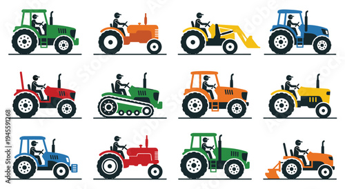 Collection of various farm tractors in different colors and designs