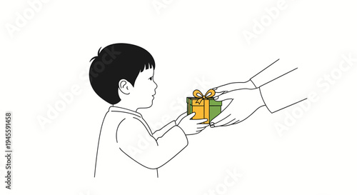 Boy receiving gift from adult