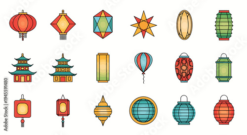 Chinese Lanterns and Pagodas Vector Icons