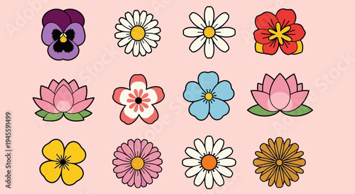Set of Colorful Flat Flower Icons and Floral Vector Illustrations for Spring Pattern Design