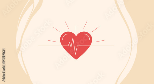 Red Heartbeat Icon with Cardiogram Pulse on Beige Background. Love and Health Concept.