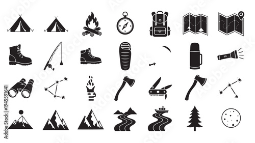 Camping Icons Set with Mountains, Tents, and Outdoor Gear
