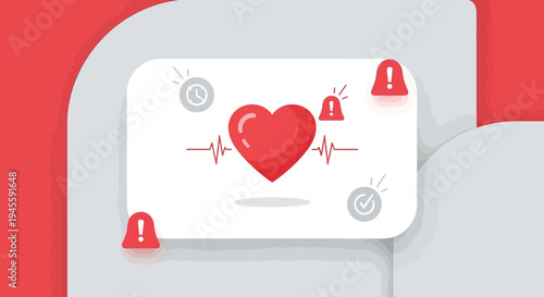 Red Heartbeat Monitor with Warning Icons and Checkmark