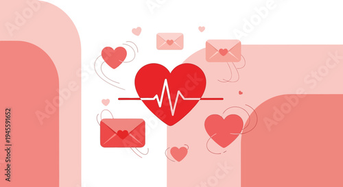 Red Heartbeat Pulse EKG Line with Hearts and Envelopes - Love and Health Concept