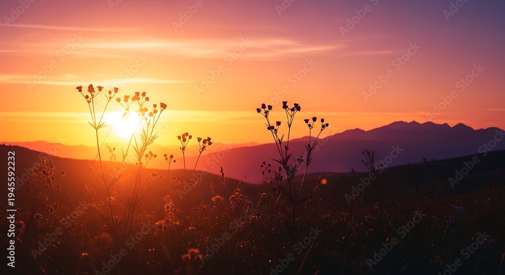 Fototapeta premium Evening meadow landscape background with glowing sunset sky
