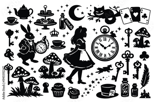Alice in Wonderland Silhouette Icon Set, Tea Party Rabbit Clock Playing Cards Mushrooms Keys Fantasy Elements Vector Collection Isolated on White Background  