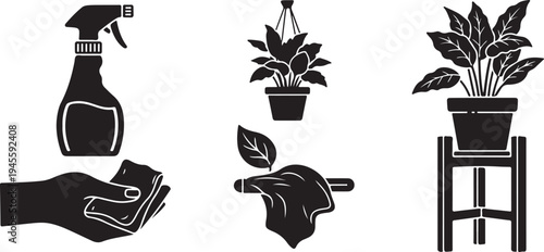 Plant Care and Maintenance with Cleaning Supplies Icons Set