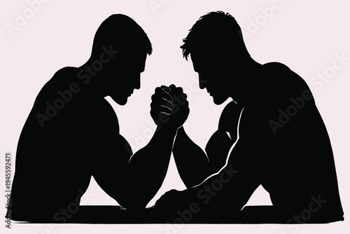 Arm Wrestling Competition Silhouette, Two Muscular Athletes Strength Battle, Power Sport Contest Black Vector Illustration Isolated on White Background 
