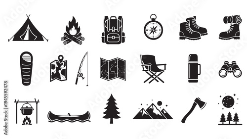 Camping Icons Set with Tent, Gear, and Outdoor Equipment