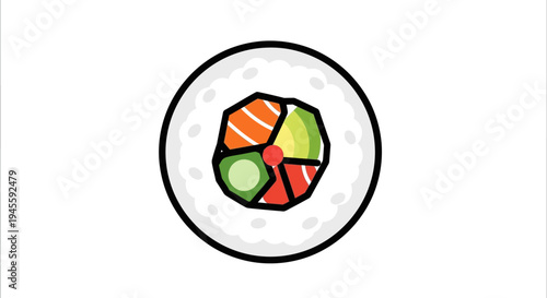 A vibrant sushi plate with assorted pieces on a white background illustration
