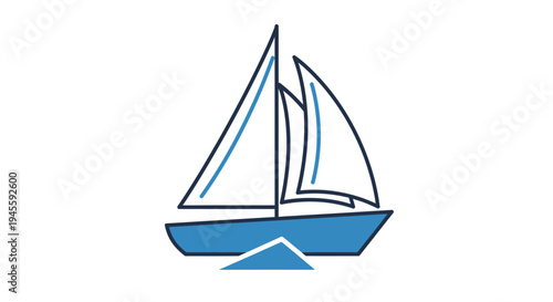 A blue sailboat sails on calm waters with its sails up in a serene environment.