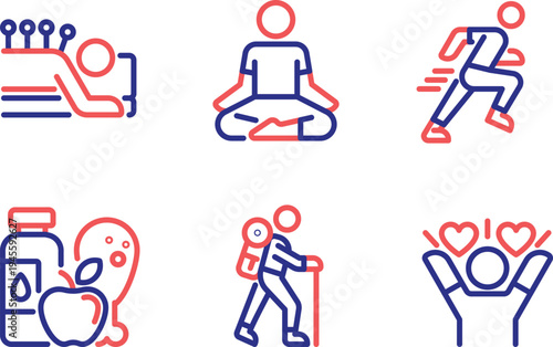 Six icons representing various aspects of healthy lifestyle and wellness activities