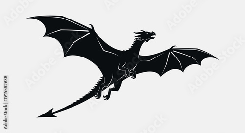 A large black dragon is flying through the air with its wings spread wide outdoors.
