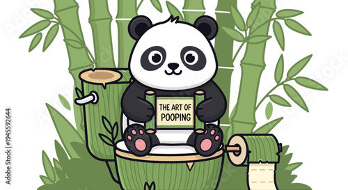 A cartoon panda sits on a bamboo toilet reading a book outdoors in nature.
