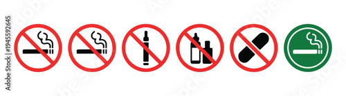 Set of six vector smoking and vaping prohibition signs and one smoking allowed sign on white background