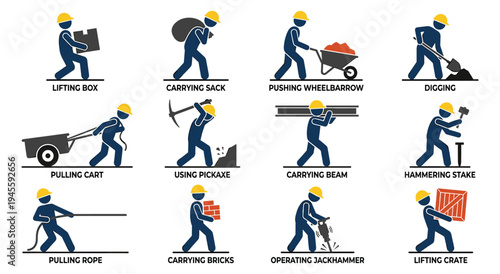 Construction worker manual labor actions icons
