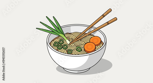 A bowl of noodles with chopsticks and vegetables on a table indoors.