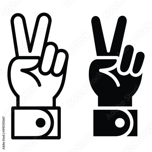 Peace Sign Hand Gesture Outline and Solid Fill Icons