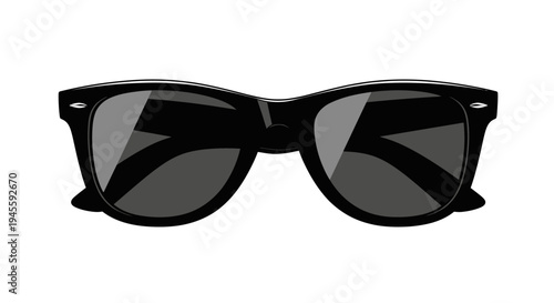 A pair of black sunglasses with dark lenses are shown.