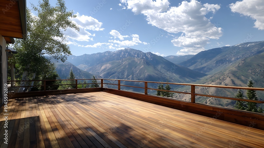 Obraz premium Awesome photo of spacious wooden deck with panoramic mountain view and blue sky.