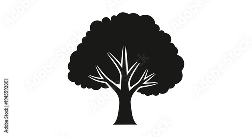 A large tree with a thick trunk and branches stands alone in a simple environment