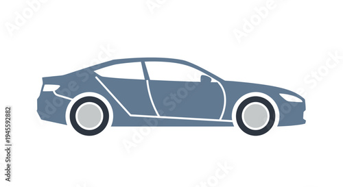 A blue car illustration with white outline driving on road transport