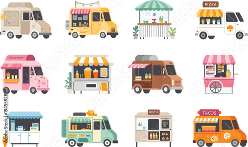 Diverse Food Trucks and Stalls Collection Offering Various Cuisines