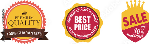 Promotional badges highlighting premium quality, best price, and sale discounts