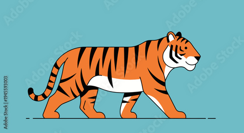 An illustration of a tiger walking on a blue background with stripes.