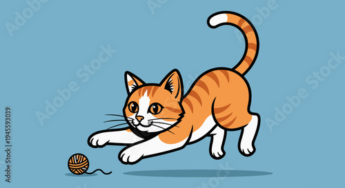 An orange cat playfully pounces on a yarn ball indoors.