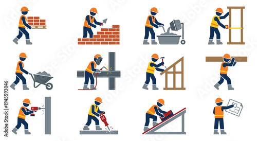 Construction workers performing various building tasks