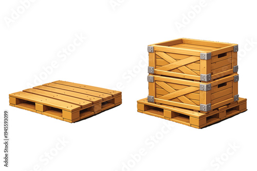 Warehouse Wooden Pallet Vector Set, Logistics Shipping Platform for Stacking Cargo and Products, Industrial Storage Pallet Illustration Isolated on White Background 