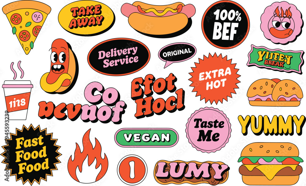 Naklejka premium Fast Food Stickers Collection: Pizza Hot Dog Burger Coffee and Text Graphics