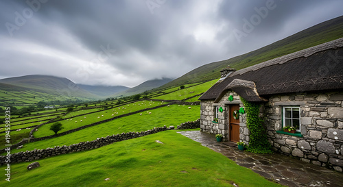 Cozy stone cottage in a lush green valley with mountains