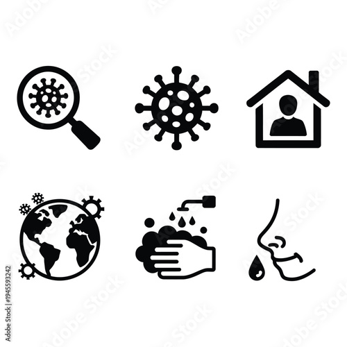 Set of virus prevention icons showing global pandemic, hand washing, and social distancing
