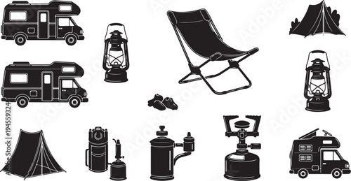 Camping icons and travel equipment in black and white