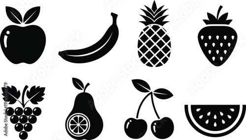 A collection of black and white fruit icons including apple banana pineapple strawberry grapes pear cherries and watermelon