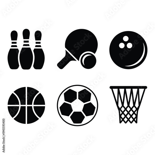 Solid black icons featuring various sports equipment including bowling pins, table tennis, and basketball
