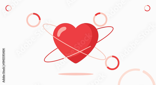 Red Heart with Orbiting Circles and Rings, Medical Concept, Love Symbol