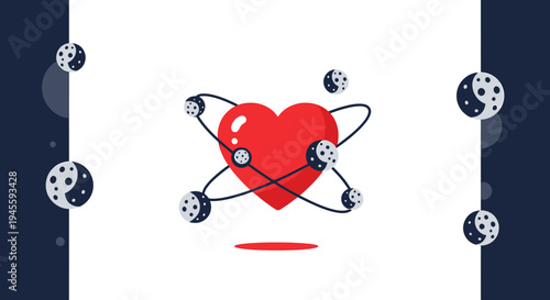Red Heart with Orbiting Planets and Yin Yang Symbols