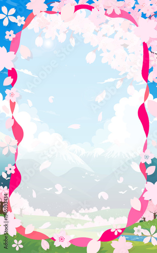 桜並木の春の景色とポップな桜フレーム8_縦