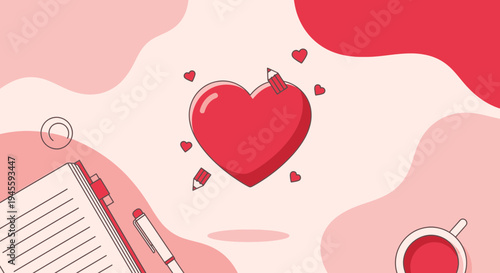 Red Heart with Pencils and Coffee on Desk - Love Concept
