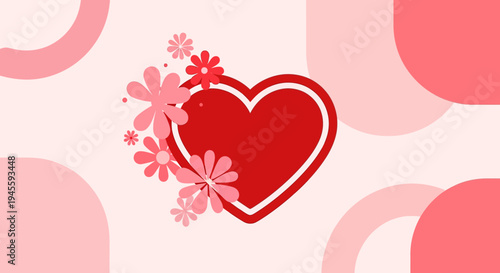 Red Heart with Pink Flowers on Light Pink Background, Romantic Design