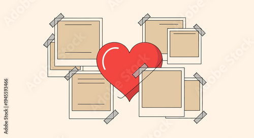 Red Heart with Photo Frames Collage on Beige Background