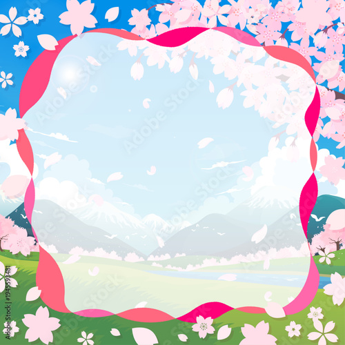 桜並木の春の景色とポップな桜フレーム8_正方形