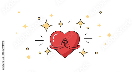 Red Heart with Praying Hands, Sparkles and Stars - Love Symbol