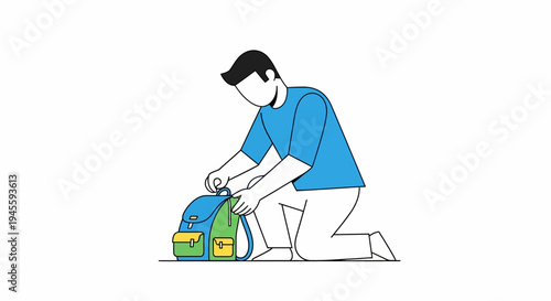 Man Kneeling Beside Open Backpack on Floor.