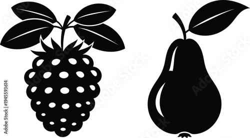 Black and white illustration of a pear and a blackberry side by side