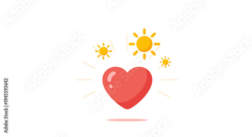 Red Heart with Sun Rays and Shining Suns - Love and Happiness Concept